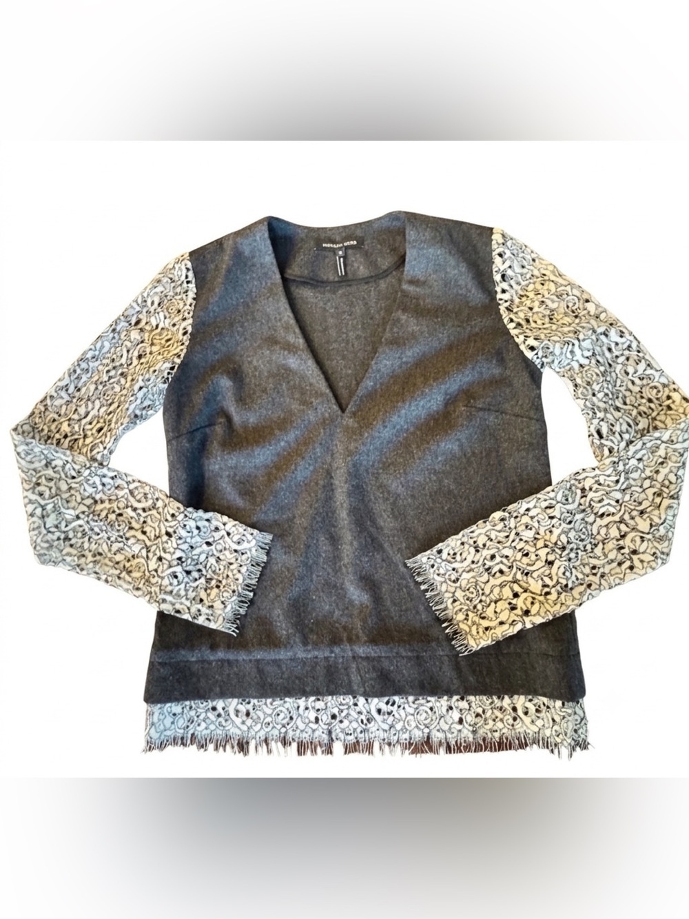 Marissa Webb Sweater Size XS Charcoal Gray Wool V-neck White Lace Sleeves